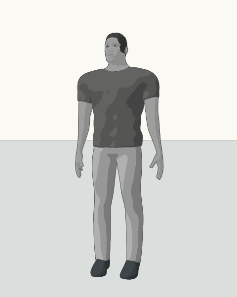 Ellis, broad shoulders · close-cropped hair, with a distinct grayscale skin tone