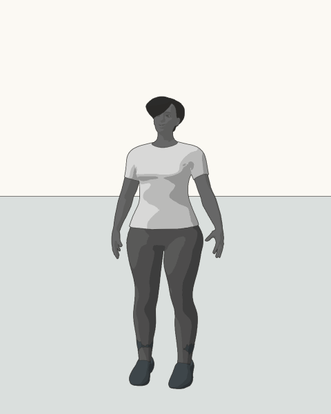 Maya, short hair · relaxed build, with a distinct grayscale skin tone