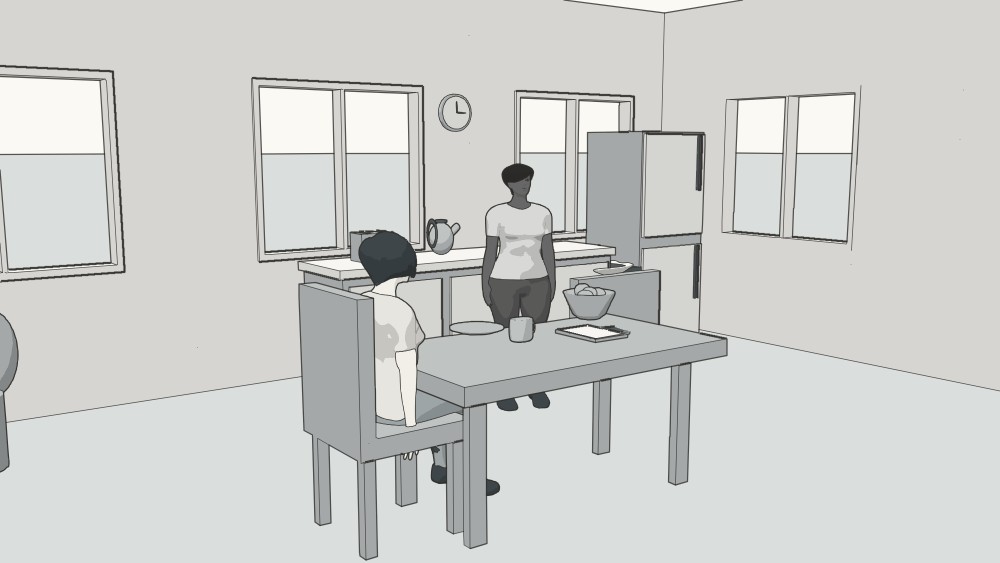 Two people in an illustrated kitchen, with breakfast props on the table
